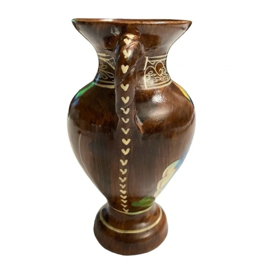 Vintage Signed Handmade Greek Pottery Vase Woman Double Handle Made in Greece